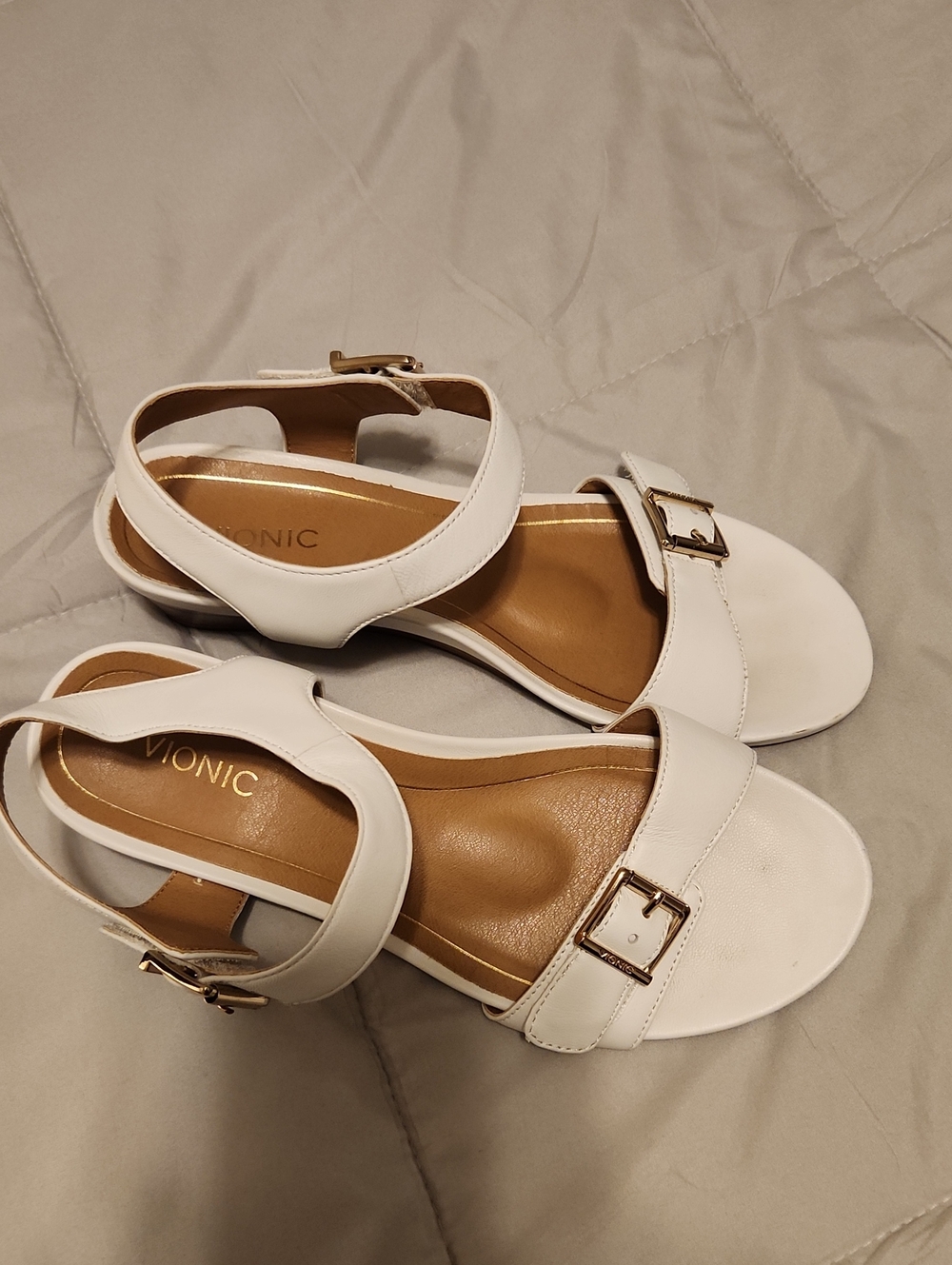 Vionic White Open-Toe Ankle-Strap Sandals with Gold Buckles, Style Is FRANCES